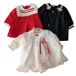 Lot of 3 Vintage 1980s Girls Dresses Sailor Ruffles Made in USA Holidays Sz‎ 2T